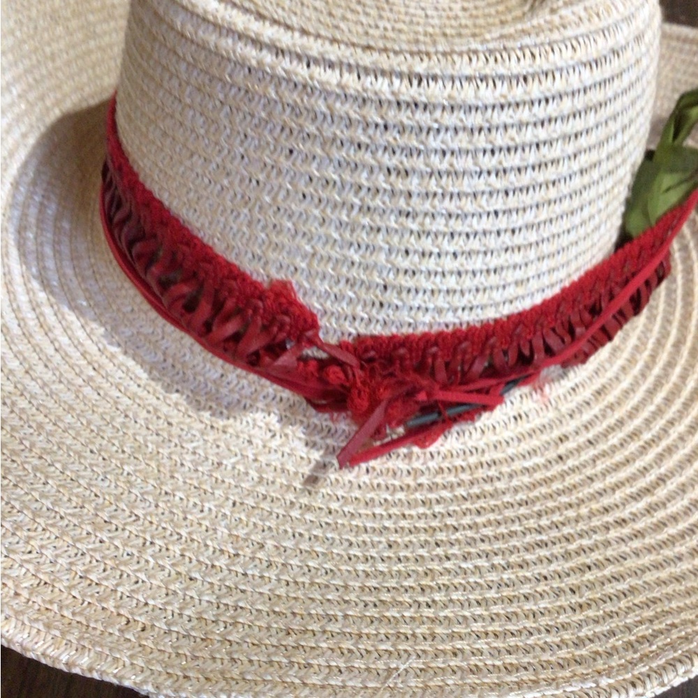 NEW! Upcycled Ruxpinsrags Desert Rose Straw Wide-Brim Sun Hat with Red Band - Picture 3 of 5